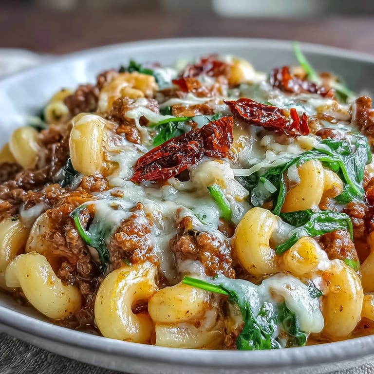 A hearty bowl of Creamy Tuscan Chili Mac topped with melted mozzarella and fresh basil, ready to serve.