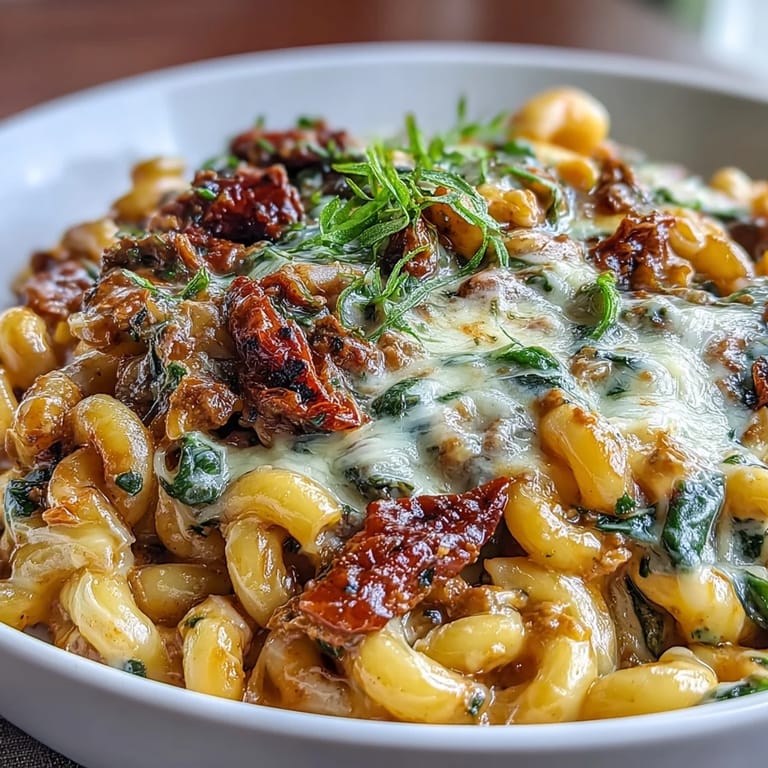 Close-up of Creamy Tuscan Chili Mac with elbows, ground beef, and red bell peppers, steam rising from the skillet.