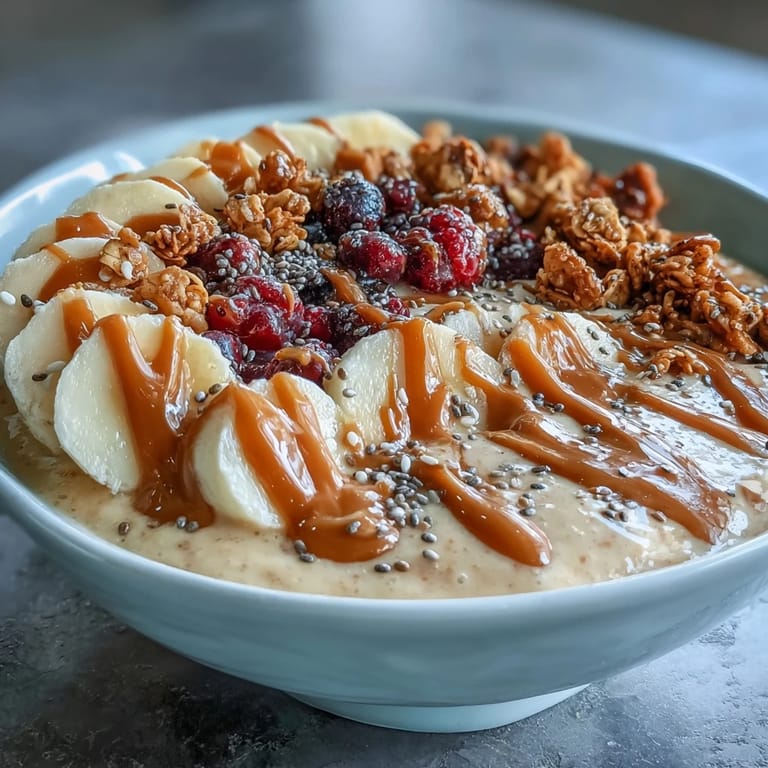 Protein-packed vegan peanut butter banana smoothie bowl layered with fruit and cacao nibs, perfect for a post-workout boost.