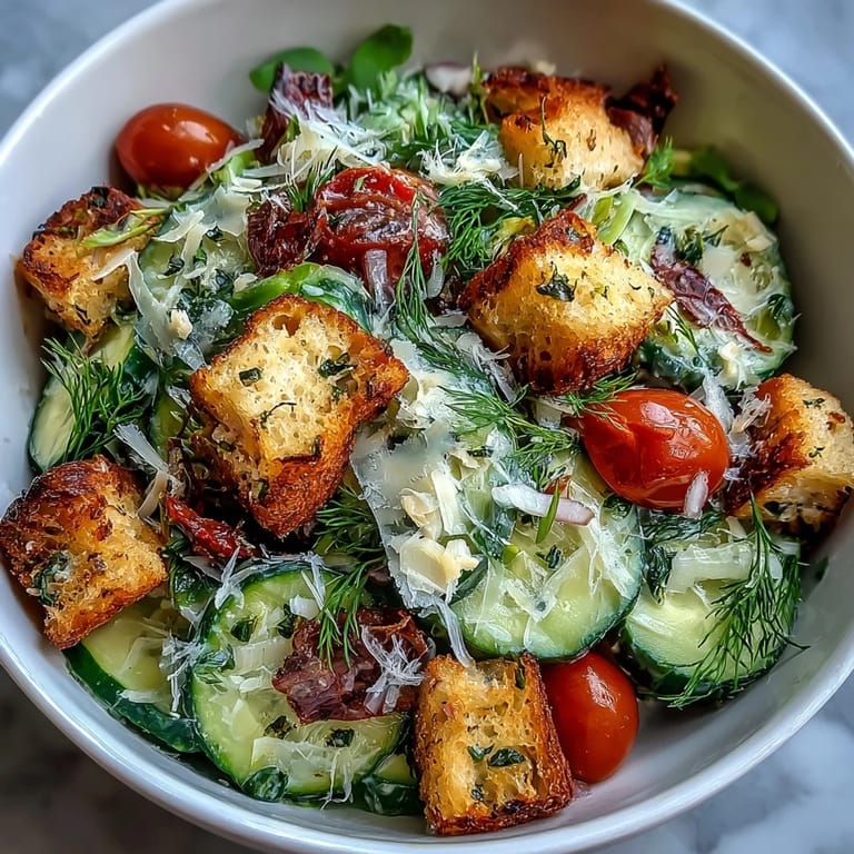 A modern, hydrating take on Caesar salad, featuring crisp cucumber slices tossed in tangy, garlicky dressing.  