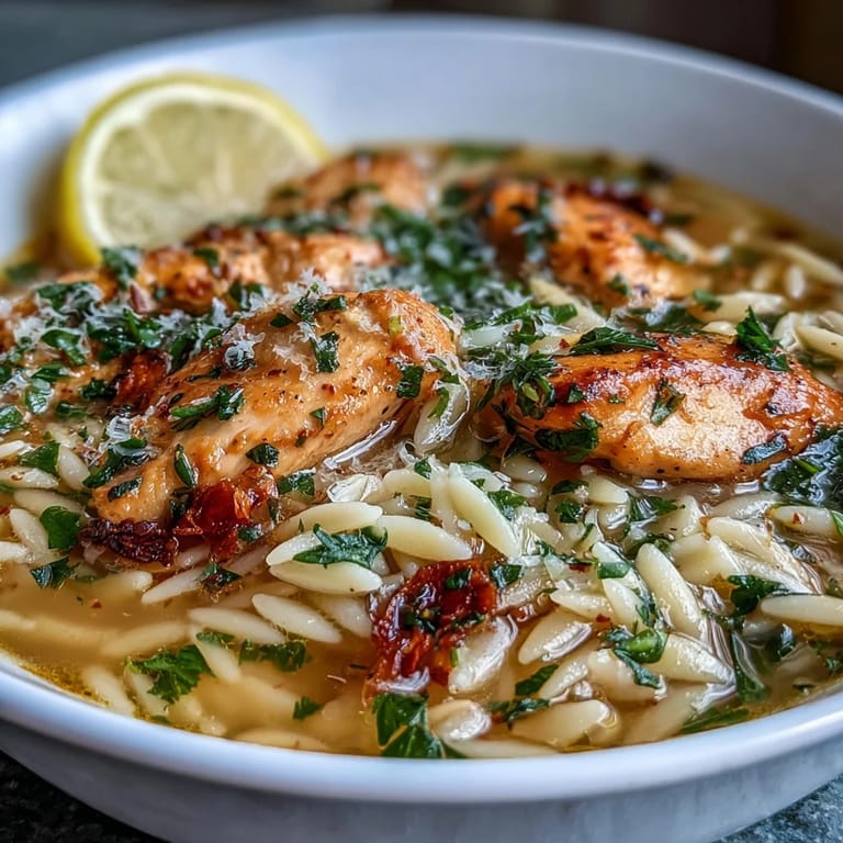 Golden-seared chicken and orzo in a vibrant lemon-garlic sauce, topped with fresh spinach and grated Parmesan for a comforting meal.