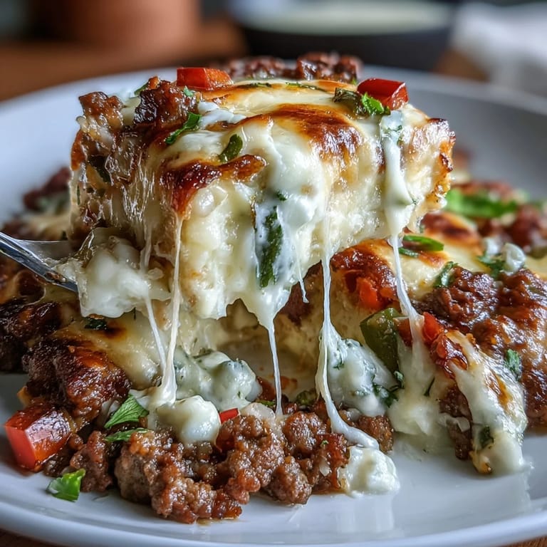 Sizzling beef, sautéed peppers, and onions blend with creamy cauliflower rice in this comforting low-carb Philly cheesesteak casserole.  