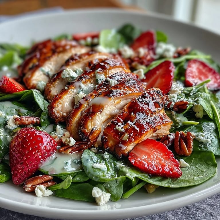 Grilled chicken breast slices atop a bed of baby spinach, fresh strawberries, and feta, drizzled with tangy poppy seed dressing.