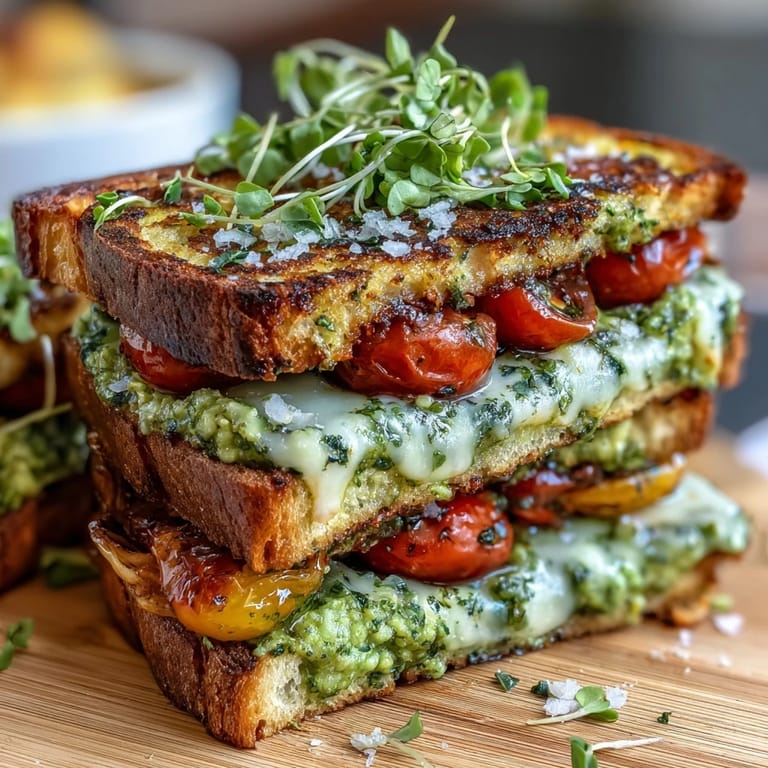 Creamy avocado pesto spread on golden sourdough, garnished with juicy cherry tomatoes and fresh microgreens for a nourishing open-faced sandwich.