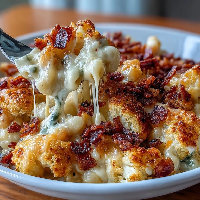 Creamy low-carb cauliflower mac and cheese with crispy bacon crumb topping, perfect for a keto-friendly comfort food dinner.