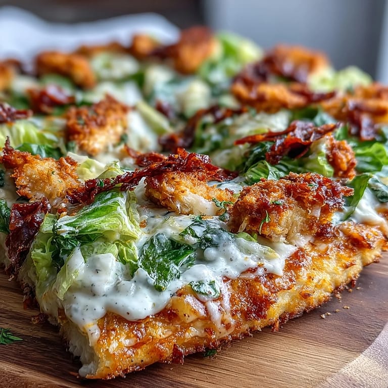 Protein-rich chicken crust pizza with crisp romaine, creamy Caesar dressing, and Parmesan for a satisfying, wholesome meal.
