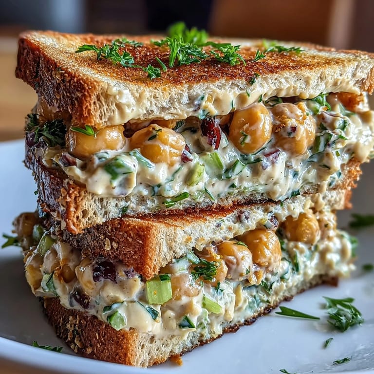 Protein-packed chickpea salad with tangy vegan mayo and herbs, served on toasted artisan bread for a hearty lunch.