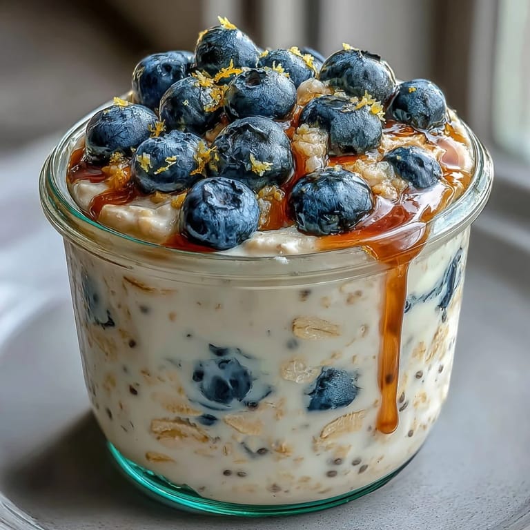 Overnight oats with blueberry lemon zest served in a glass jar, layered with vibrant blueberries and a hint of citrus.