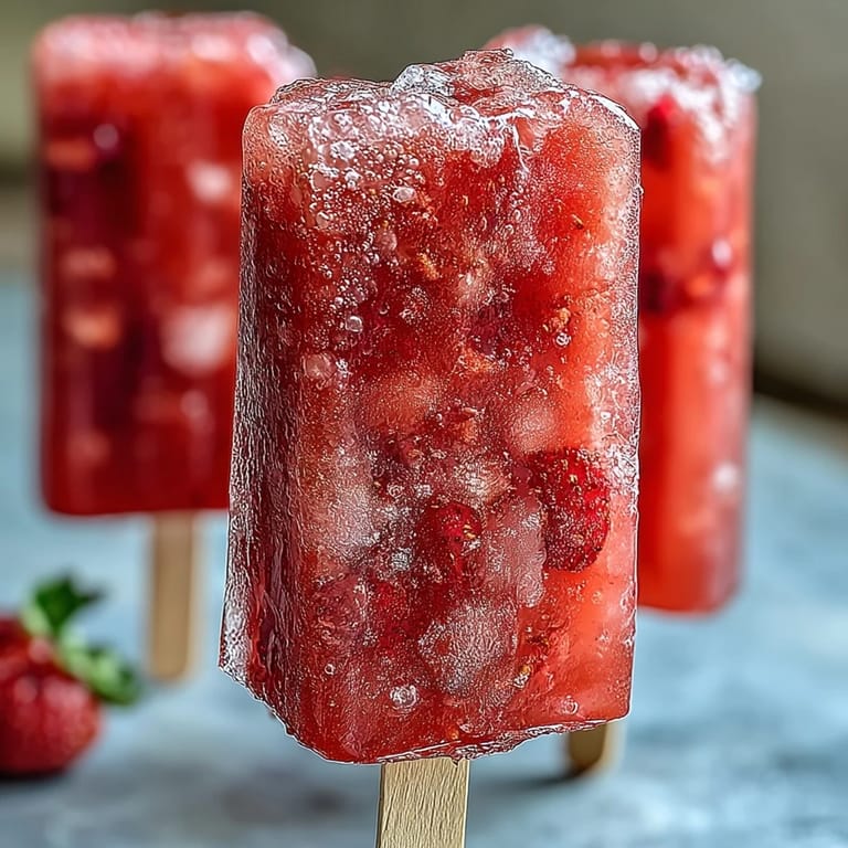 These bubbly strawberry mimosa popsicles blend fresh strawberries, orange juice, and sparkling wine for a festive treat.