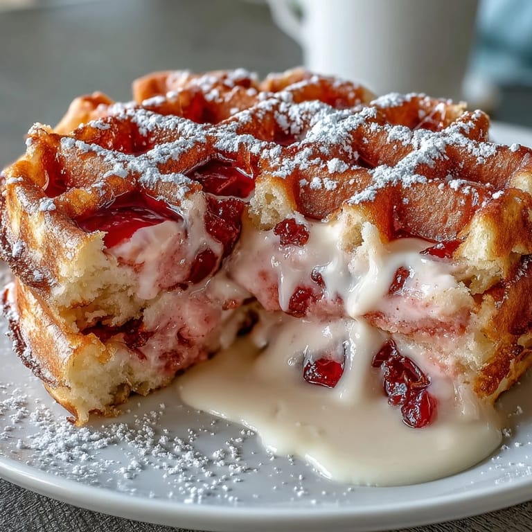 Fluffy pink waffles drizzled with smooth cream cheese sauce, garnished with sprinkles for a festive breakfast treat.  