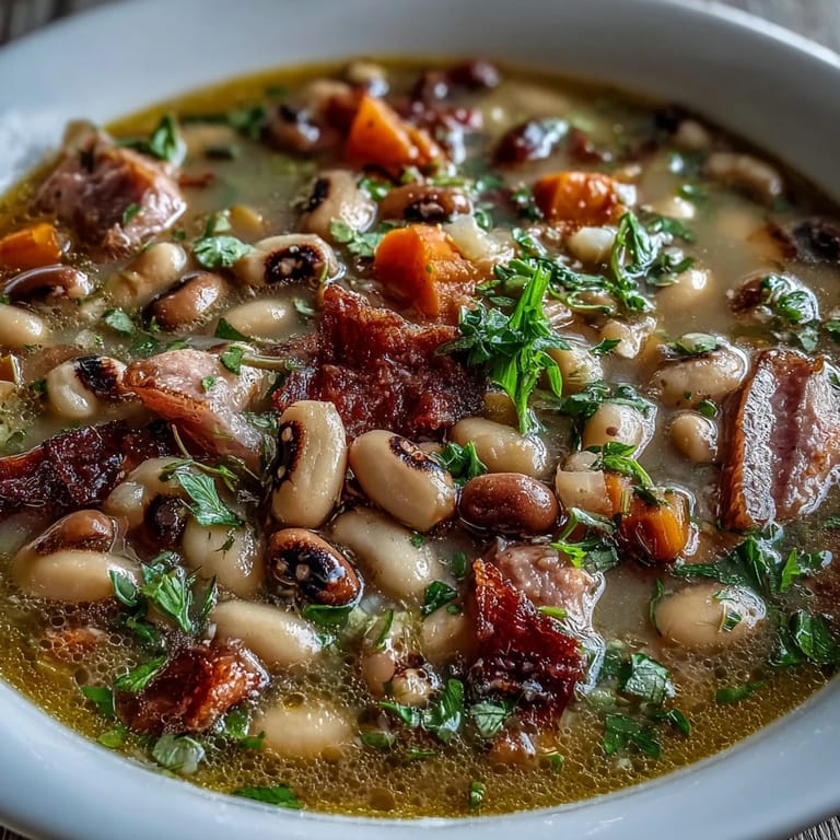 Creamy black-eyed peas and diced ham simmer together in this Southern-style soup, creating a hearty and flavorful dish ideal for New Year's Day.