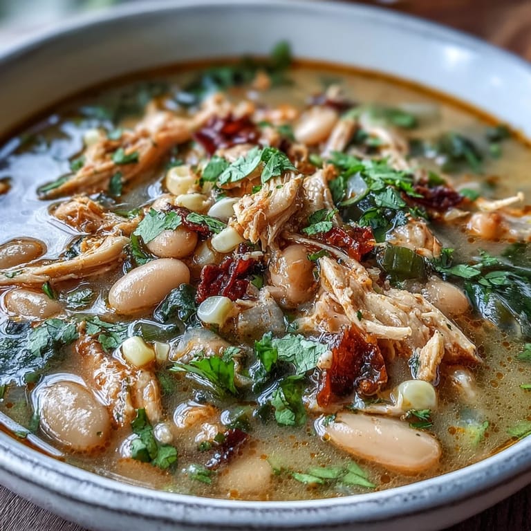 Comforting white bean chicken chili simmered with cumin, oregano, and green chilies, garnished with a dollop of Greek yogurt and fresh herbs.