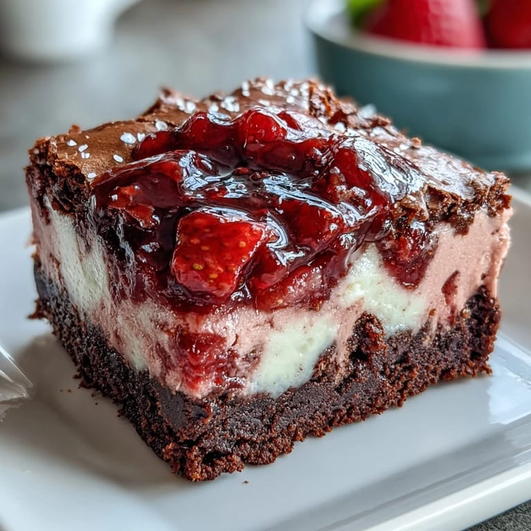 Rich chocolate brownies topped with strawberry cheesecake, garnished with fresh strawberries and chocolate shavings.