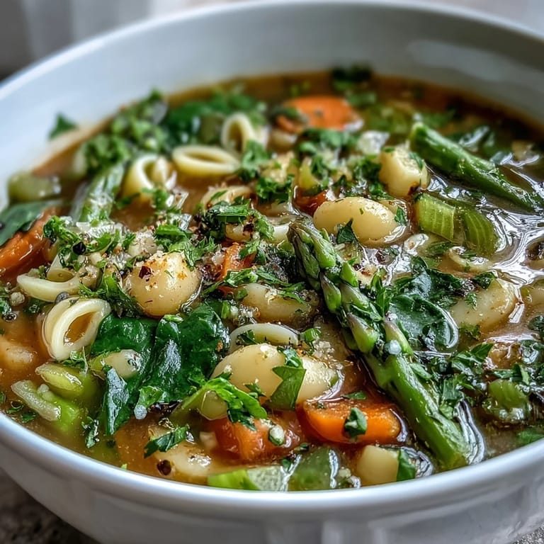 Comforting bowl of Italian minestrone featuring bright spring veggies, creamy white beans, and zesty lemon notes.