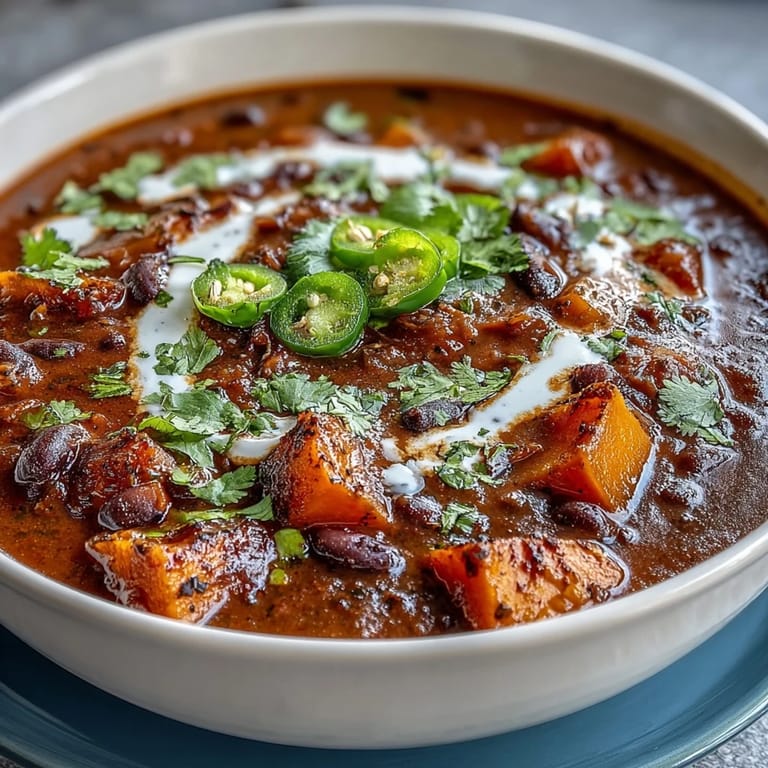 Hearty vegetarian soup with tender sweet potatoes, black beans, and warming spices, garnished with zesty lime crema for a Southwestern twist.