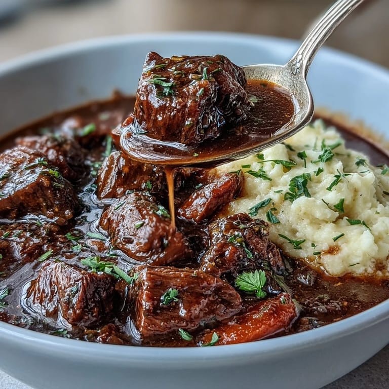 Rich and savory lightened Irish beef stew topped with fluffy cauliflower mash, perfect for a gluten-free, low-carb dinner.  