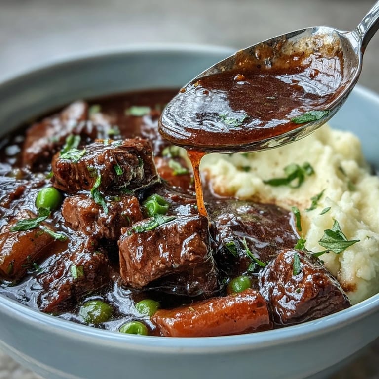 Cozy Irish beef stew with aromatic herbs and peas, served over smooth cauliflower mash for a nutritious twist.