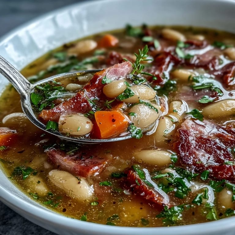 Hearty ham and white bean soup featuring tender vegetables, fresh herbs, and savory broth, perfect for a comforting meal.