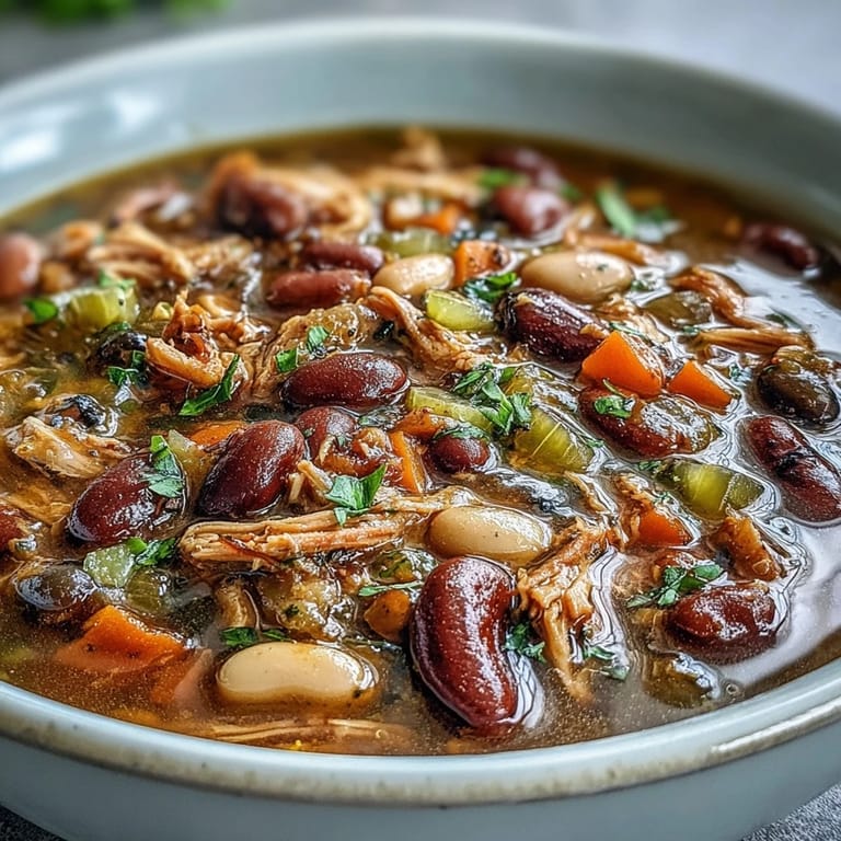 Flavorful 15-bean soup with smoky turkey, aromatic herbs, and diced tomatoes, served steaming in a rustic bowl.