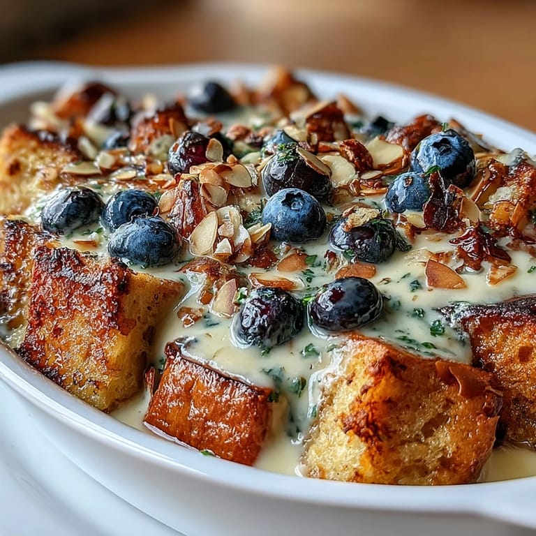 Fluffy baked French toast layered with fresh blueberries, lemon zest, and sourdough bread, topped with crunchy almonds and turbinado sugar.