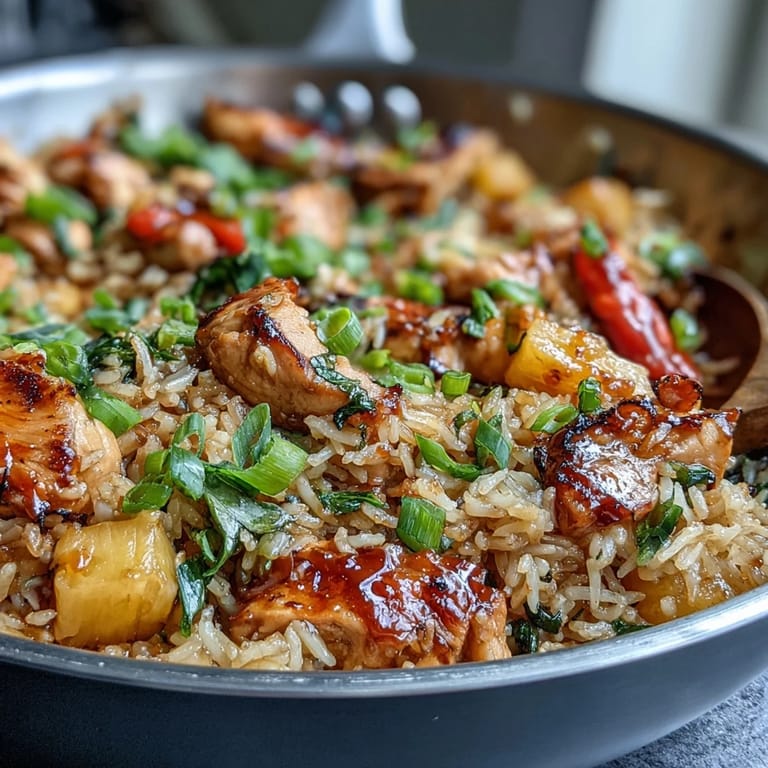 Aromatic sweet chili chicken pineapple fried rice sizzling in a wok, featuring tender chicken, crisp bell peppers, and golden pineapple pieces tossed in a zesty sauce.