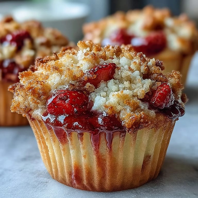 Golden-topped strawberry muffins with lemon-scented crumble, moist and tender inside with sweet, ripe berries in every bite.