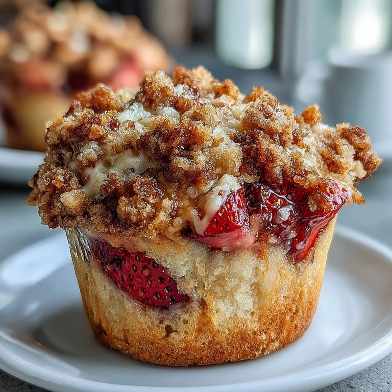 Fluffy strawberry muffins with buttery crumble topping, each bite bursting with juicy berries and a hint of fresh lemon zest.  