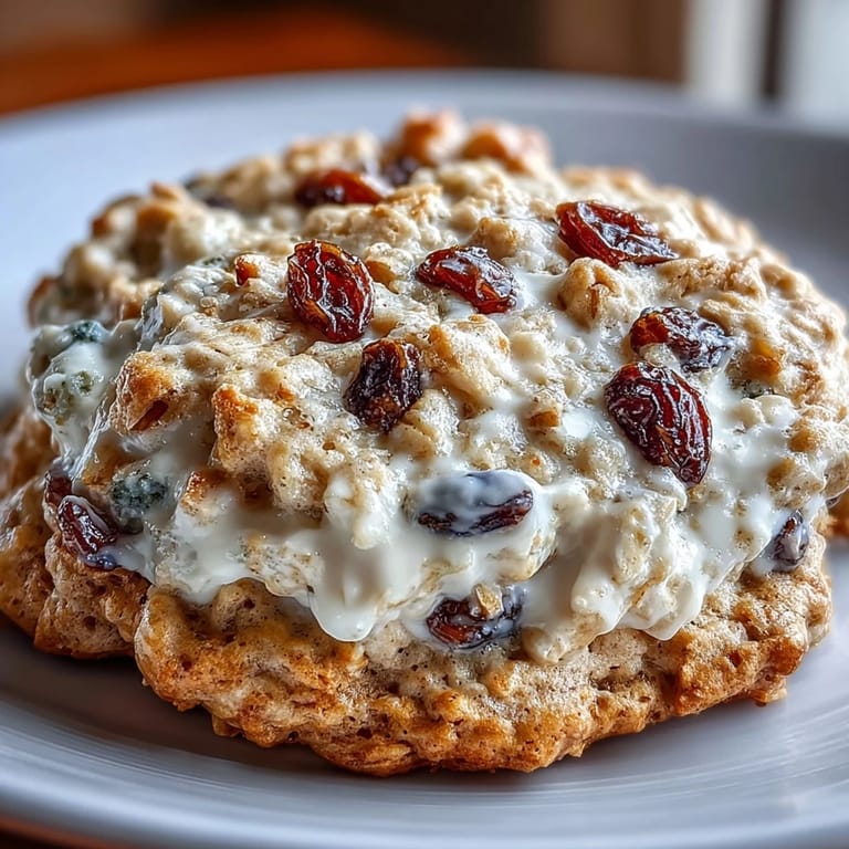 Protein-packed cottage cheese oatmeal raisin cookies combining creamy dairy, hearty oats, and chewy raisins for a satisfying breakfast.  