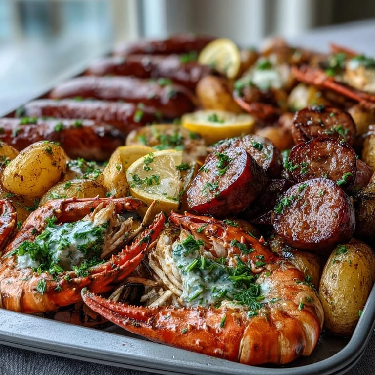 Finished crawfish boil sheet pan dinner served with fresh lemons and parsley garnish.