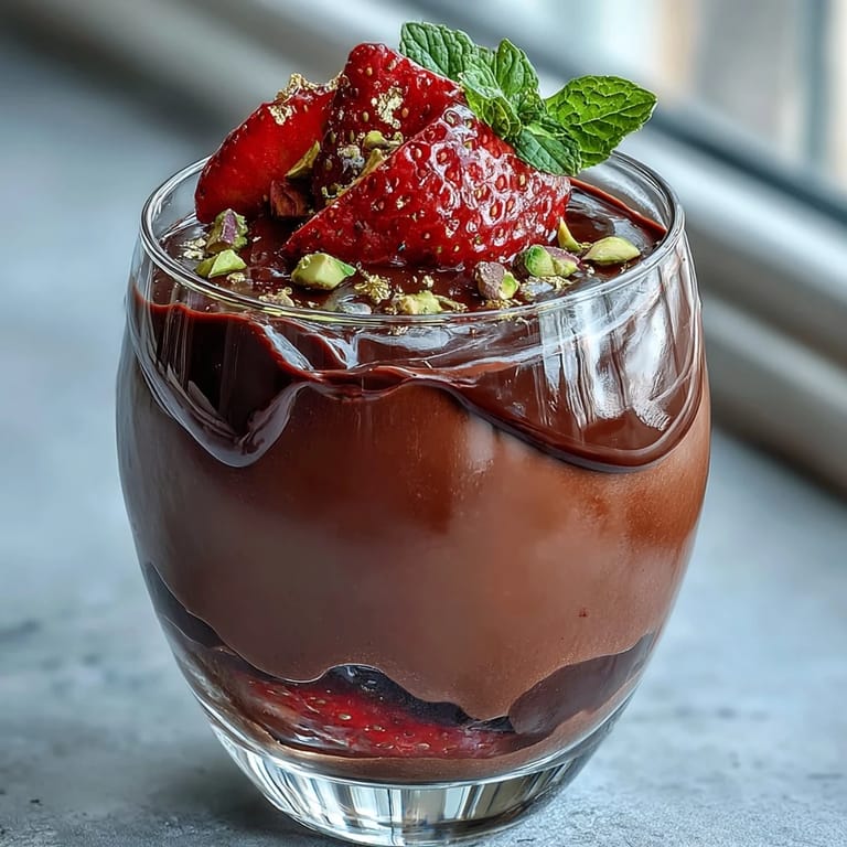 Luxurious no-bake Easy Dubai Chocolate Strawberry Dessert Cups with glossy chocolate, juicy strawberries, and a golden pistachio garnish.  