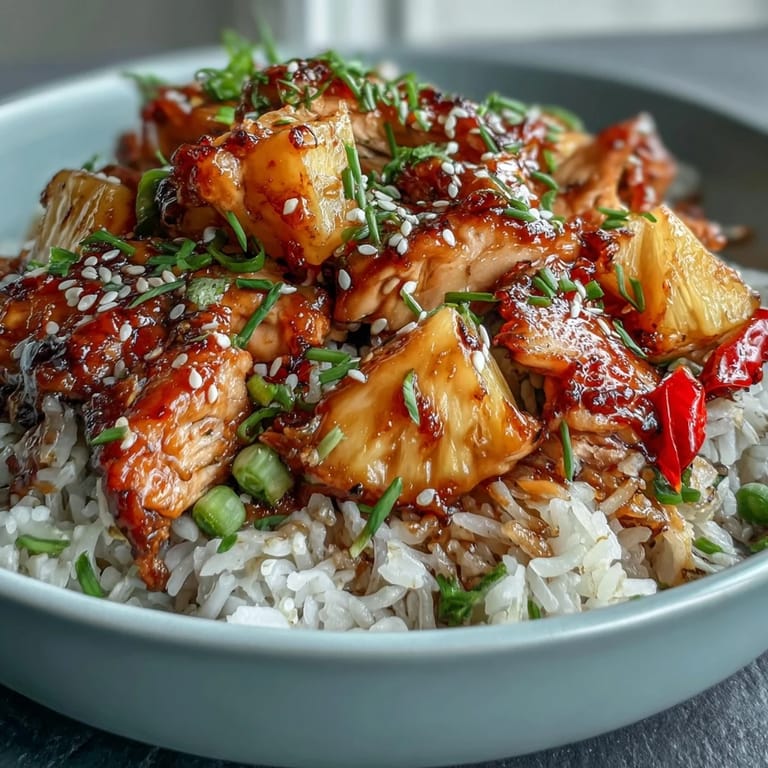 Sweet and savory teriyaki chicken rice bowl topped with pineapple, bell peppers, and snap peas, garnished with sesame seeds.