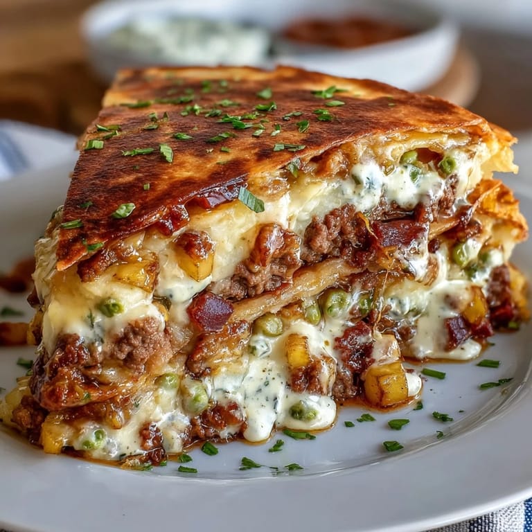 Golden tortillas layered with hearty ground meat, vegetables, and rich mashed potatoes, crisped to perfection.