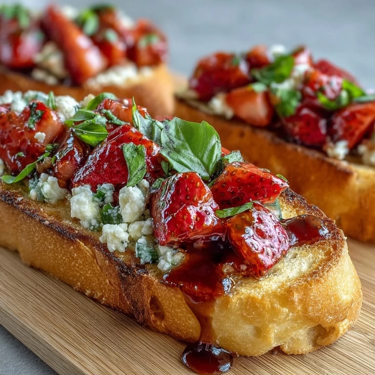Sweet and tangy balsamic strawberry bruschetta toasts, topped with creamy cheese and fresh basil for a bright appetizer.