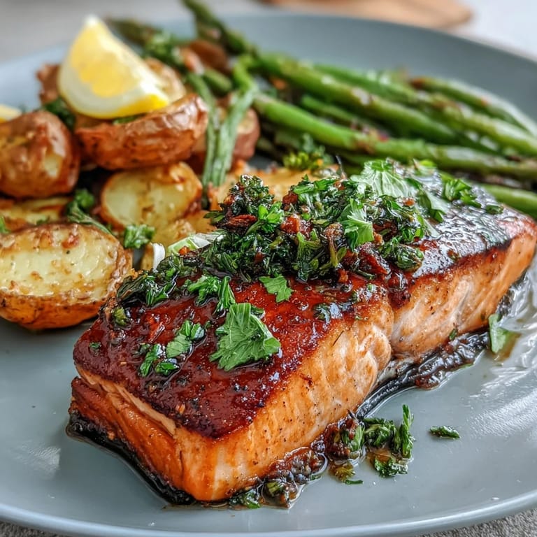 Colorful sheet pan meal featuring perfectly roasted salmon fillets alongside golden potatoes and bright green beans, all seasoned with garlic, lemon, and aromatic herbs for a wholesome dinner.