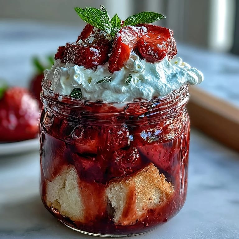 Delightful portable dessert featuring golden shortcake cubes, juicy strawberries, and cloud-like whipped cream in mason jars.  