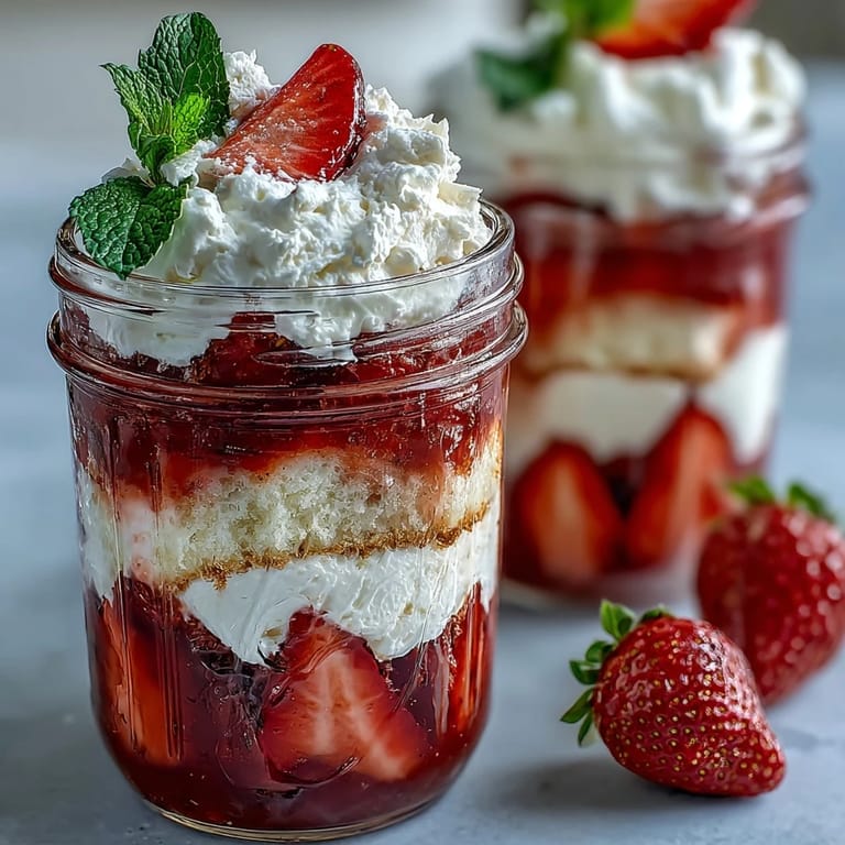 Layered strawberry shortcake parfaits in mason jars, combining tender cake, macerated berries, and sweet vanilla whipped cream.