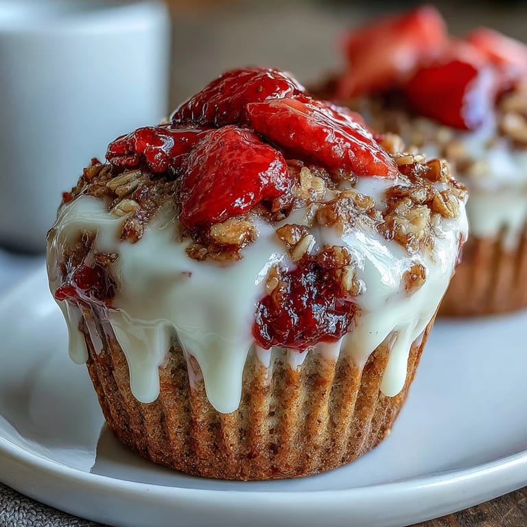Golden strawberry muffins bursting with fresh fruit, creamy yogurt, and hearty oats—ideal for a quick, healthy snack or morning treat.