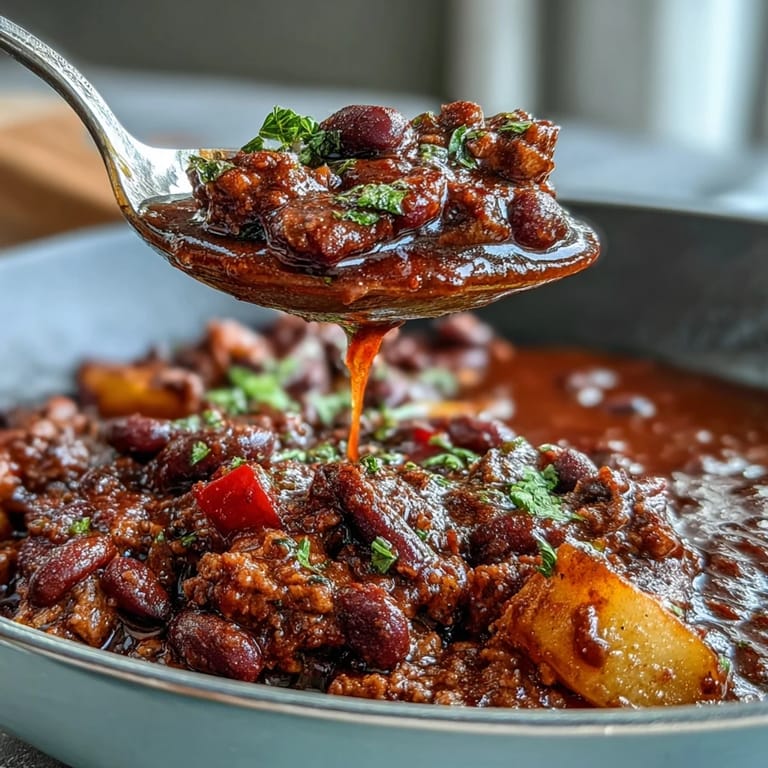 A close-up of hearty turkey chili with beans, vegetables, and spices simmering in a Dutch oven for a cozy dinner.