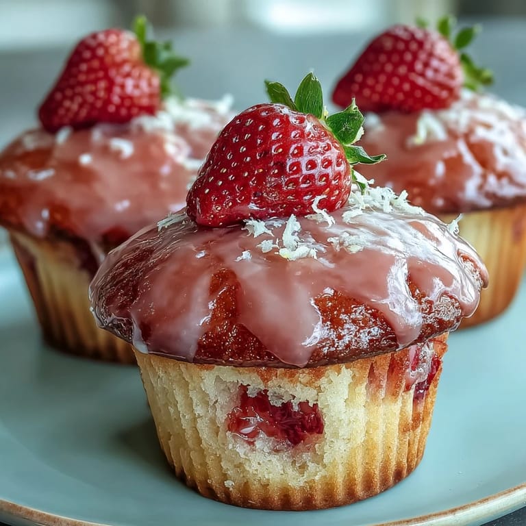 Golden-topped strawberry muffins bursting with fresh fruit, finished with a bright lemon drizzle for extra flavor.