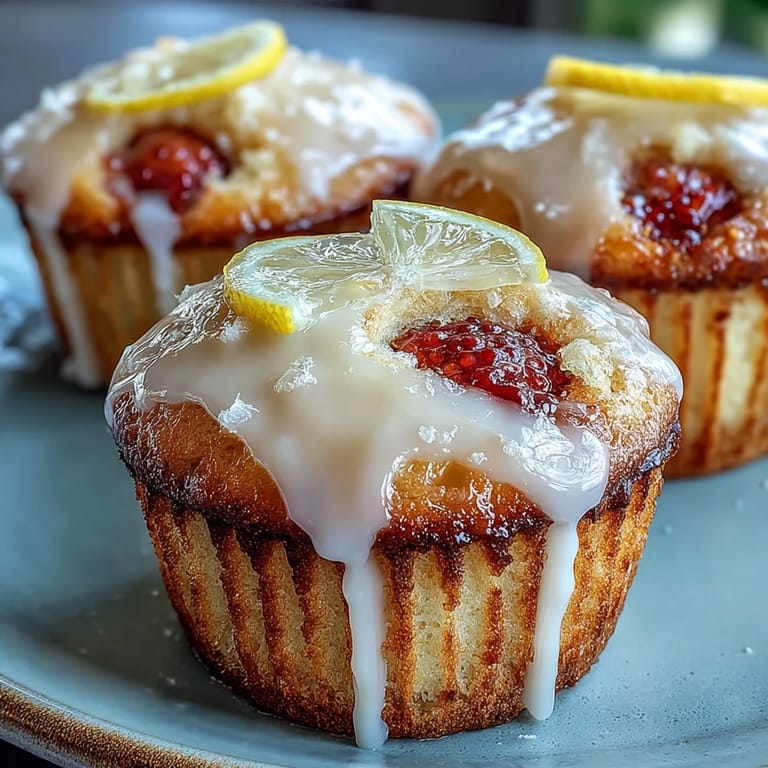 Soft, moist strawberry muffins topped with a zesty lemon glaze, ideal for brunch or afternoon tea.