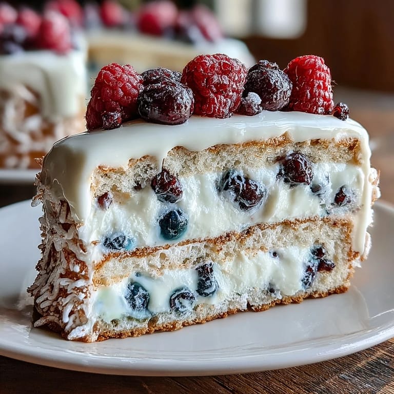 A vibrant sheet cake layered with tangy lemon curd, crowned with whipped cream frosting, and garnished with juicy seasonal berries.