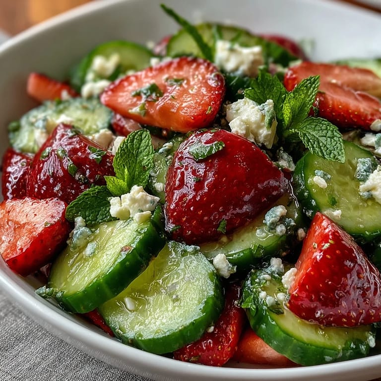 Colorful salad of sliced cucumber, strawberries, and mint leaves, topped with optional feta and toasted almonds.