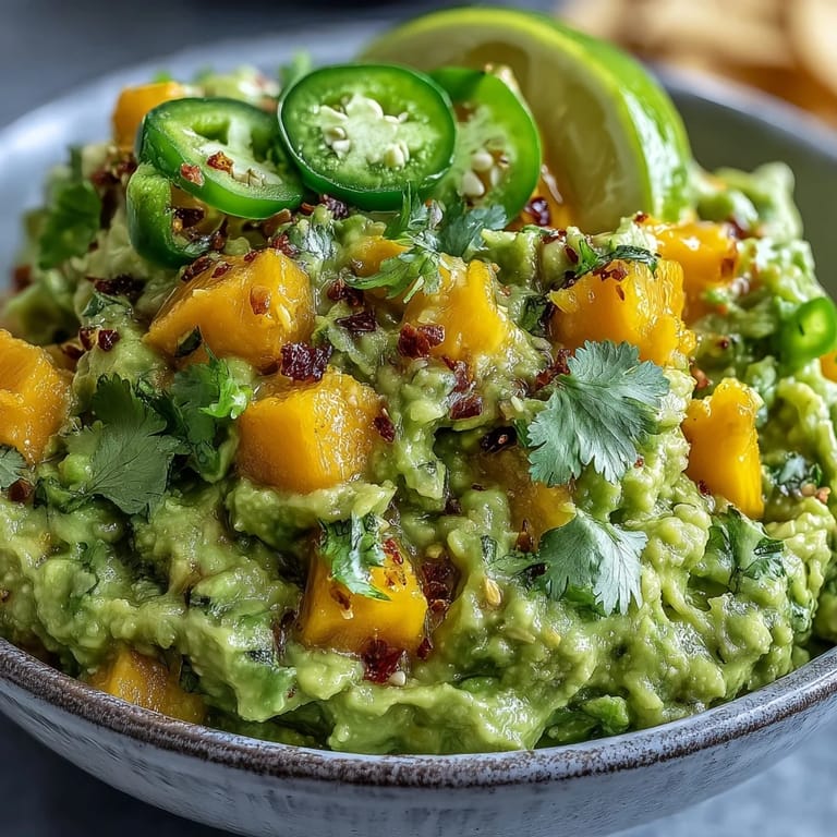 Fresh guacamole featuring ripe mango, zesty lime, and jalapeño, served with crispy tortilla chips
