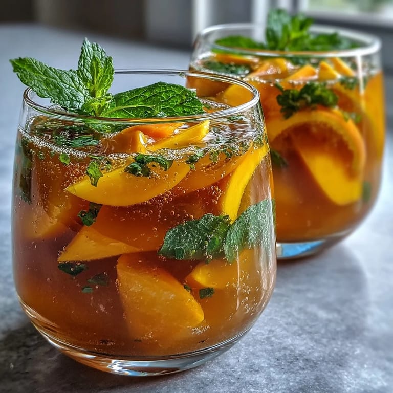 Refreshing alcohol-free sangria featuring juicy mango, ripe peach, and sparkling water for a festive drink.