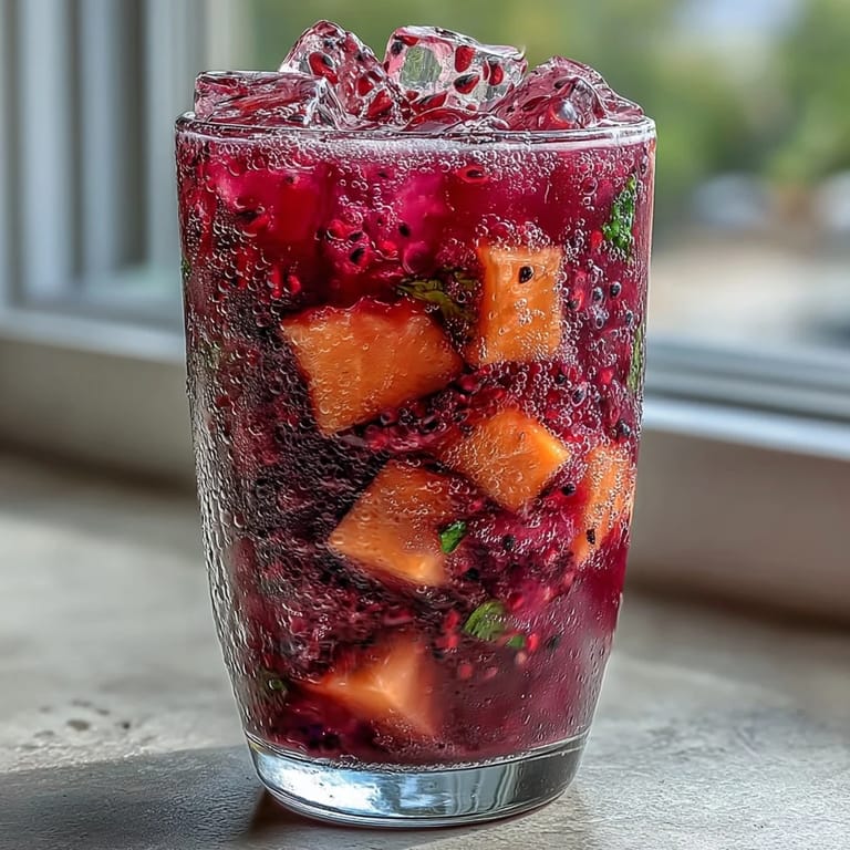 Tropical mango and dragonfruit refresher with bright citrus notes, garnished with fresh fruit and ice cubes.