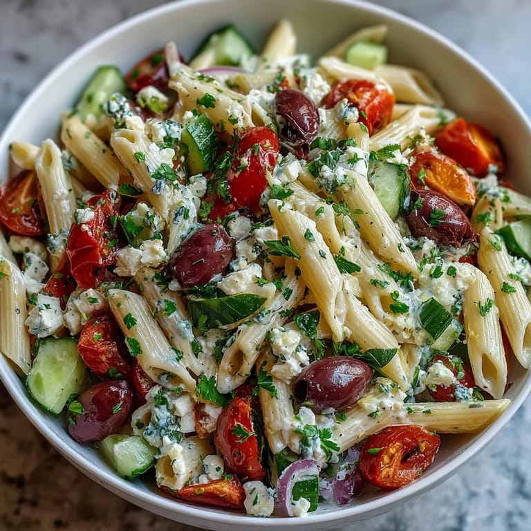 Refreshing Greek pasta salad featuring al dente pasta, juicy tomatoes, and savory feta for a summer meal.