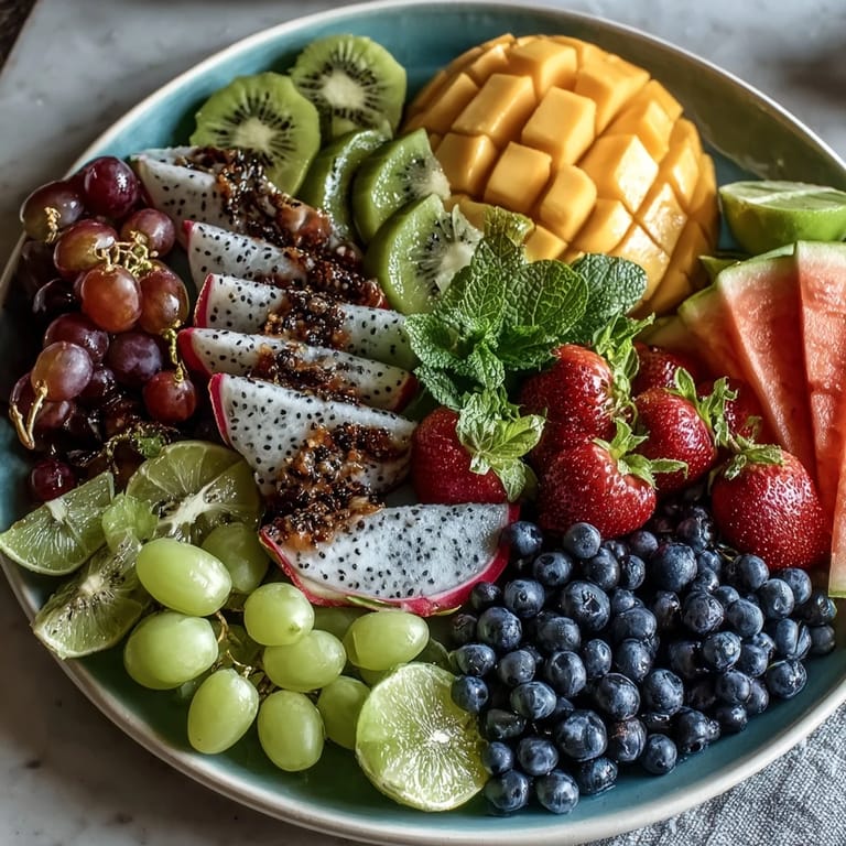 Colorful fruit arrangement featuring juicy mango and pineapple spears, accented with kiwi, papaya, and berries for a refreshing summer treat.