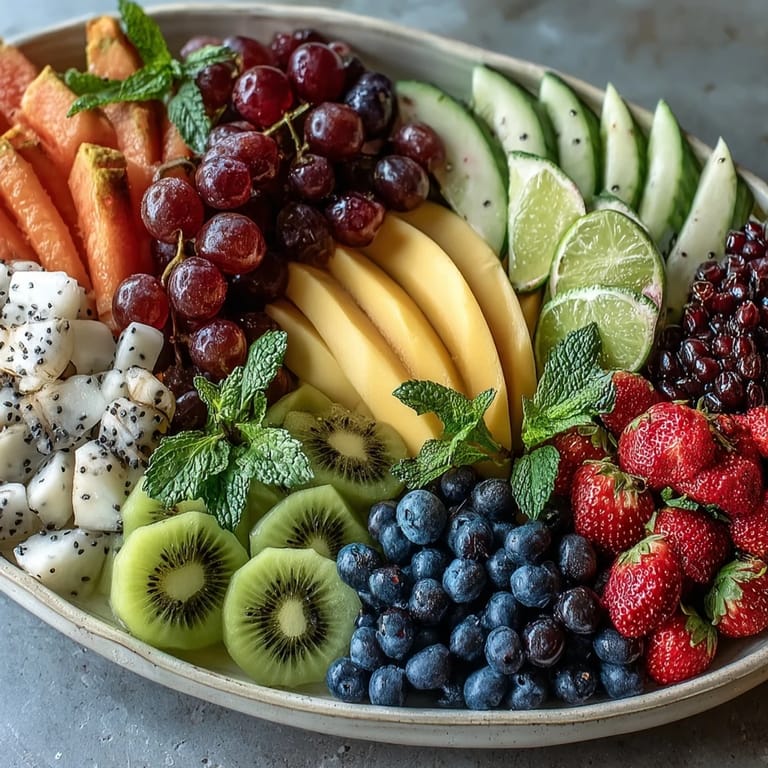 Festive tropical fruit centerpiece with mango and pineapple slices fanned out, perfect for parties or brunches with a hint of mint aroma.