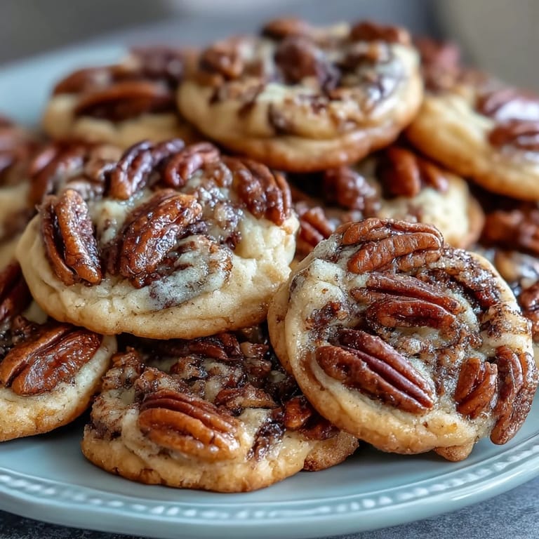 ALT image text: Close-up of butter pecan cookies with caramel swirl, showcasing toasted pecans and rich caramel drizzled throughout the soft, chewy centers.