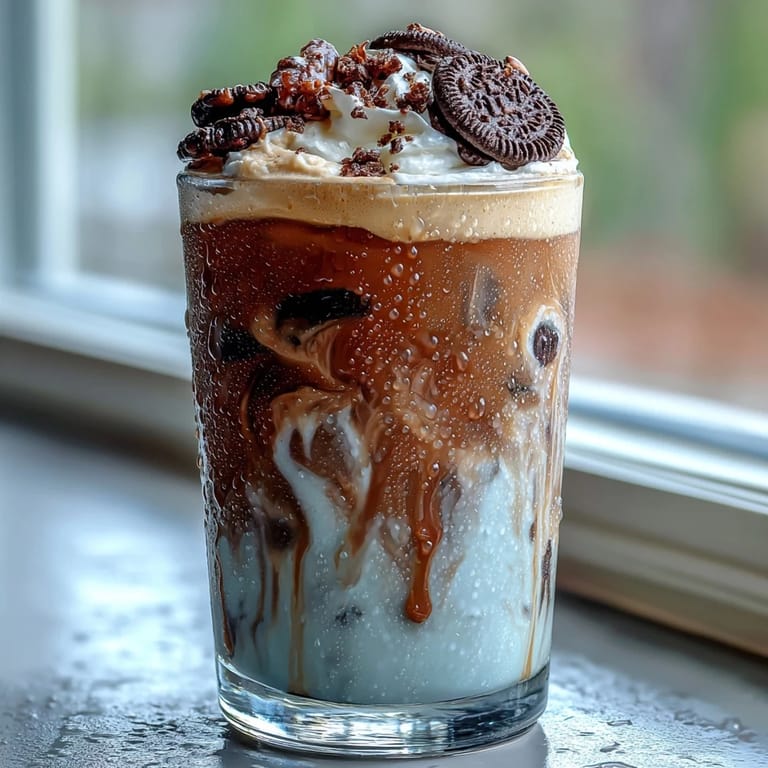 Indulgent cookies-and-cream cold brew served over ice with whipped cream and cookie crumbles.